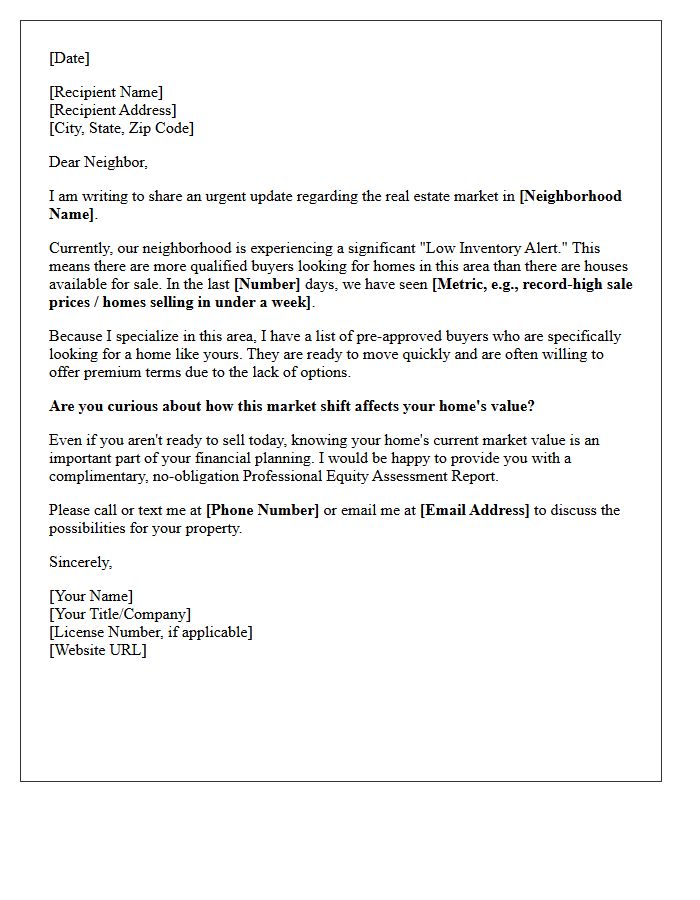 Low Inventory Alert Letter for Targeted Neighborhood Residents