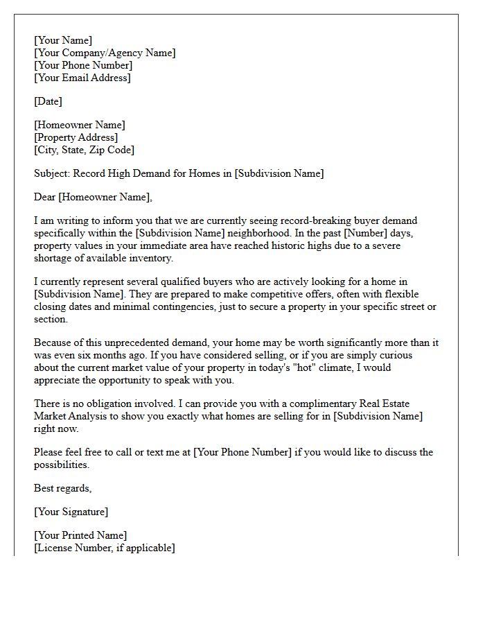 Record High Demand Letter for Specific Subdivision Real Estate