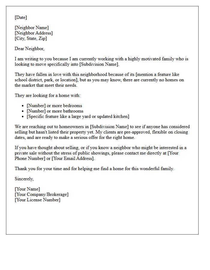 Motivated Buyer Match Letter for Specific Subdivision Neighbors