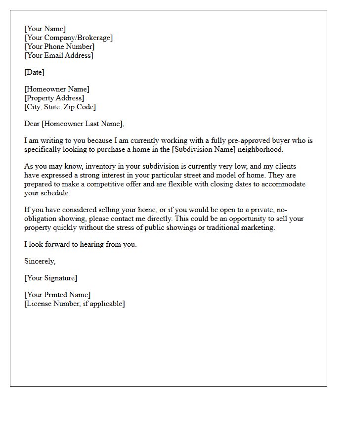 Pre-Approved Buyer Inquiry Letter for Low Inventory Subdivisions