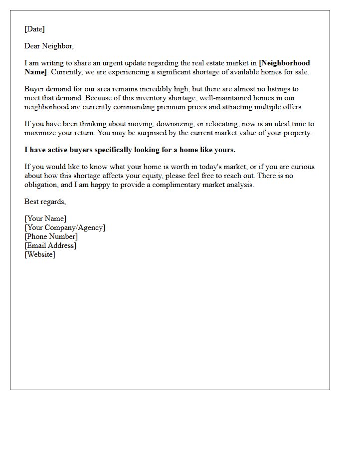 Neighborhood Shortage Alert Letter for Potential Sellers