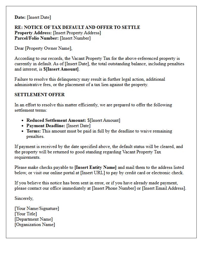 Vacant Property Tax Default Offer Letter
