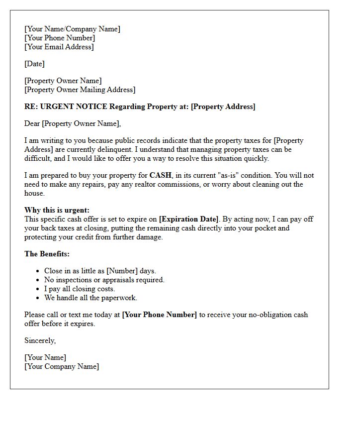 Expiring Cash Offer Tax Delinquent Letter