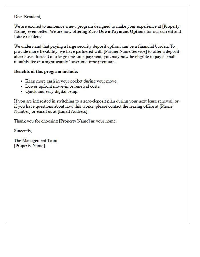 Zero Down Payment Options Apartment Resident Letter