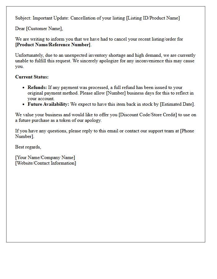 Canceled Listing Inventory Shortage Update Letter