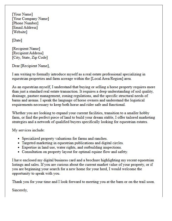 Equestrian Property Specialist Introduction Letter