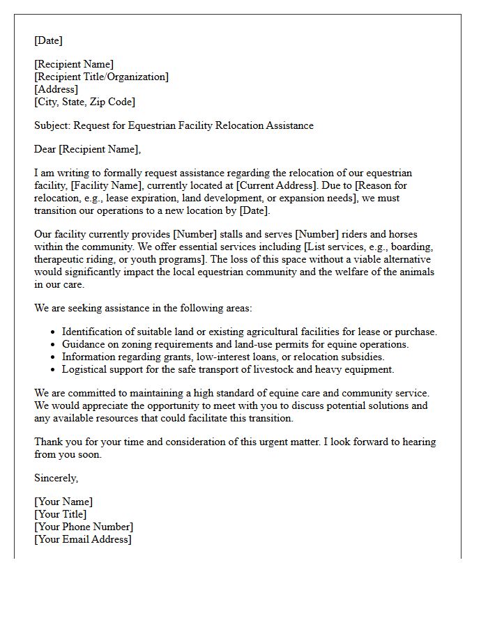 Equestrian Facility Relocation Assistance Letter