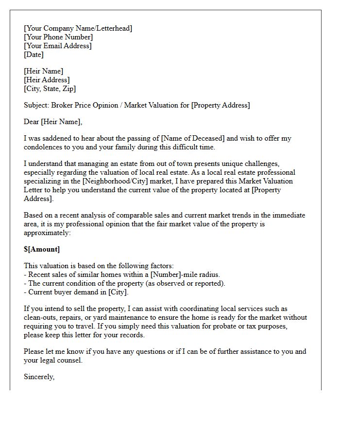 Local Market Valuation Letter For Out-Of-Town Heirs