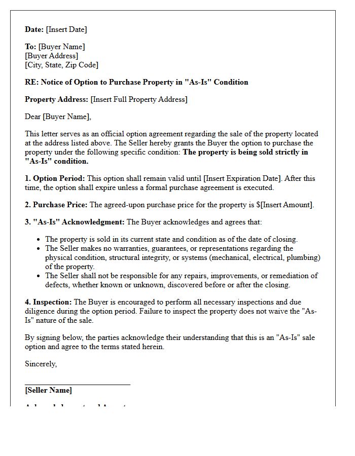 As-Is Condition Property Sale Option Letter