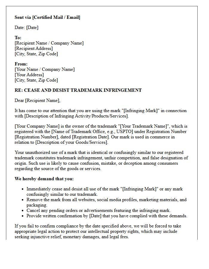 Standard Trademark Infringement Cease and Desist Letter