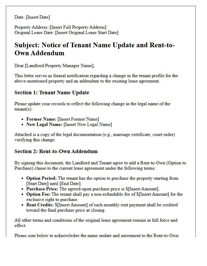 Tenant Name Update and Rent-to-Own Addendum Letter