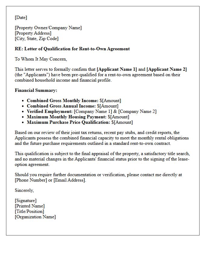 Combined Income Rent-to-Own Qualification Letter