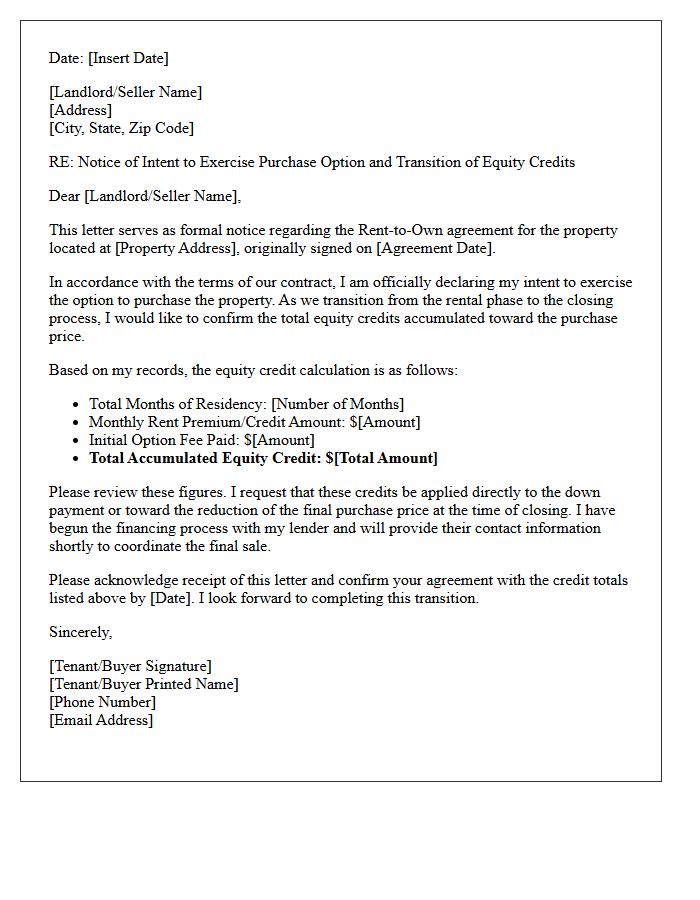 Rent-to-Own Equity Credit Transition Letter
