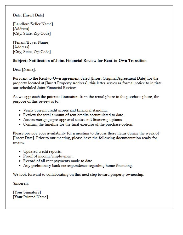 Joint Financial Review for Rent-to-Own Transition Letter