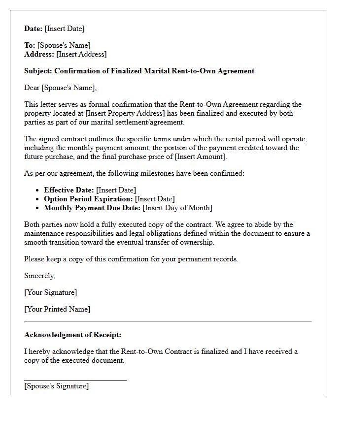 Finalized Marital Rent-to-Own Contract Confirmation Letter