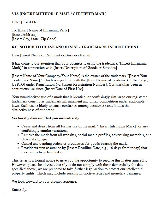 Initial Notice Trademark Infringement Cease and Desist Letter