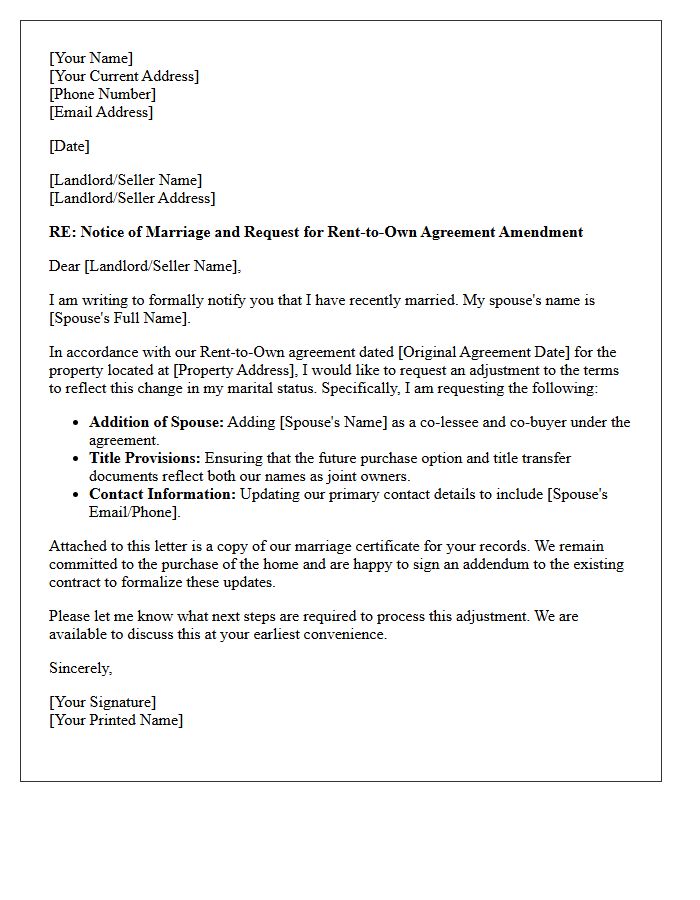Rent-to-Own Terms Adjustment Post-Marriage Letter