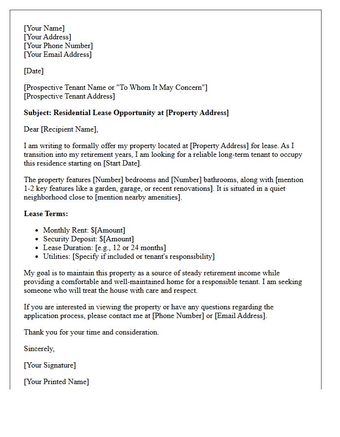 Leasing Your Current Property for Steady Retirement Income Letter