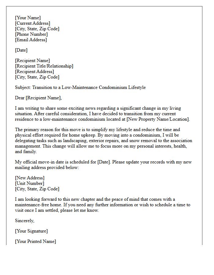 Transitioning to a Low-Maintenance Condominium Letter