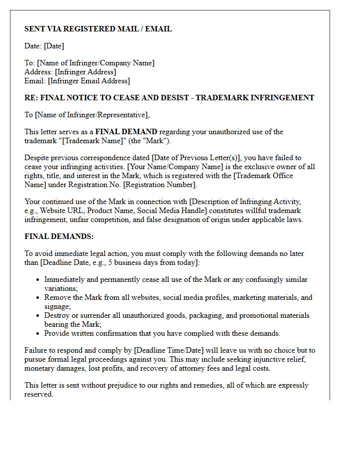 Final Demand Trademark Infringement Cease and Desist Letter