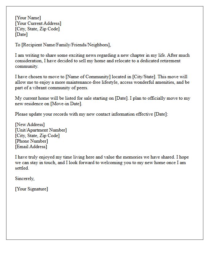 Selling and Relocating to a Dedicated Retirement Community Letter
