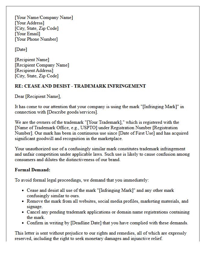 Pre-Litigation Trademark Infringement Cease and Desist Letter