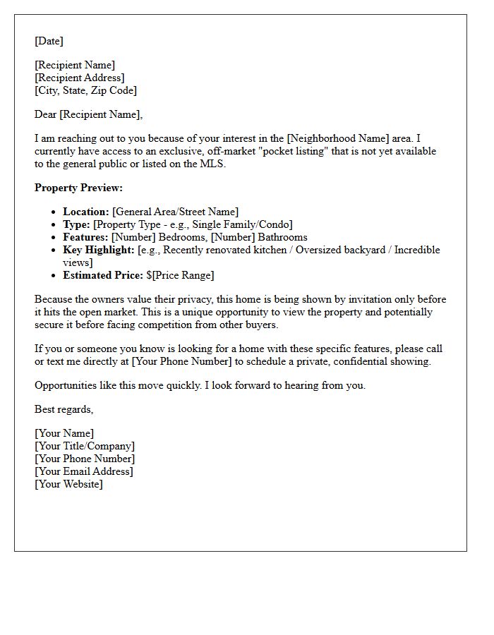 Exclusive Off-Market Pocket Listing Teaser Letter