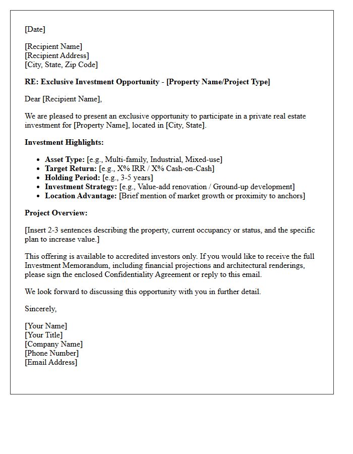 Private Real Estate Offering Teaser Letter