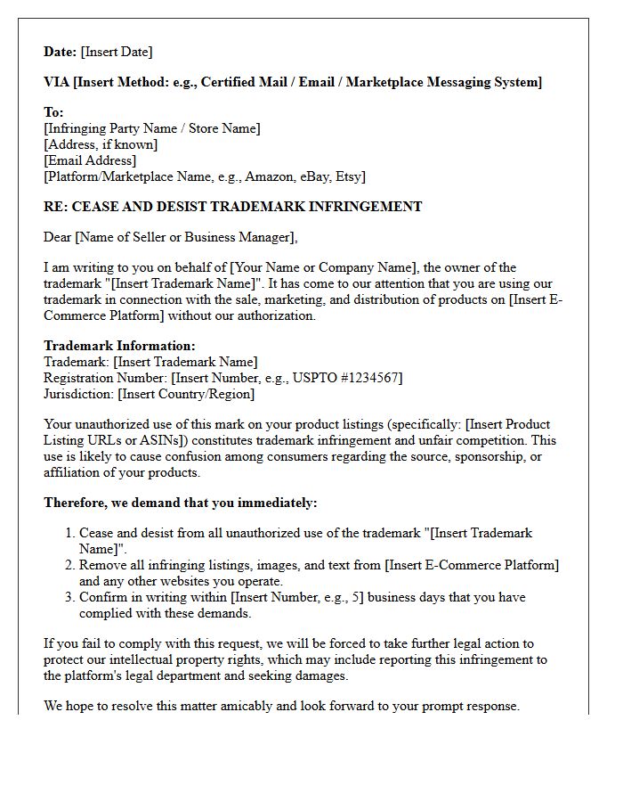 E-Commerce Trademark Infringement Cease and Desist Letter