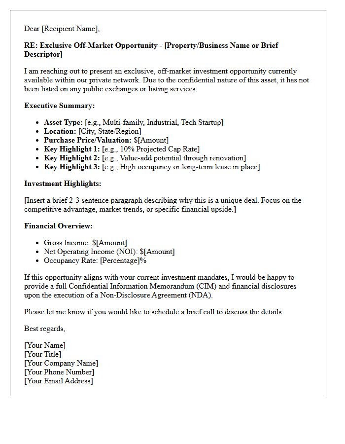 Off-Market Investment Opportunity Teaser Letter
