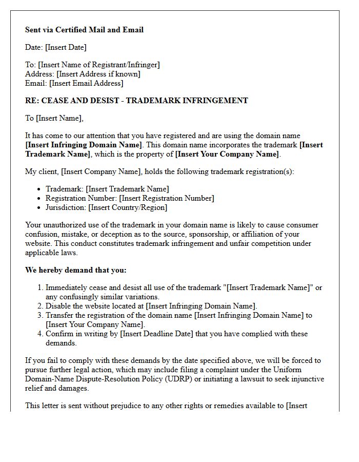Domain Name Trademark Infringement Cease and Desist Letter