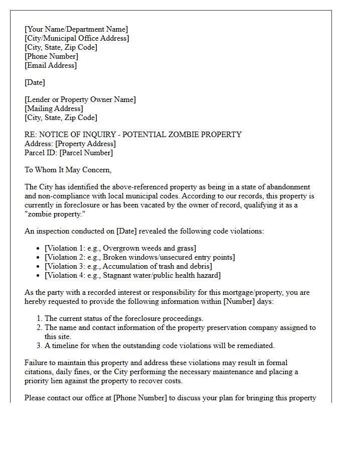 City Code Violation Zombie Property Inquiry Letter