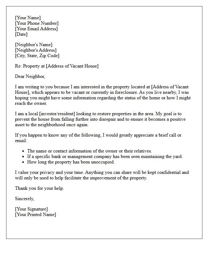 Vacant Zombie Foreclosure Neighbor Inquiry Letter
