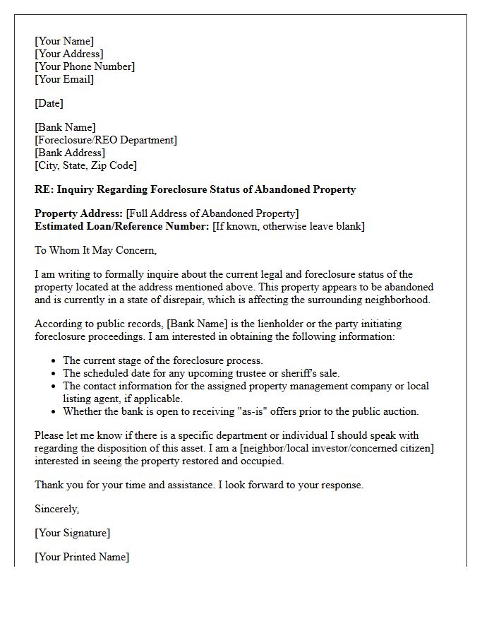 Abandoned Property Bank Foreclosure Status Inquiry Letter