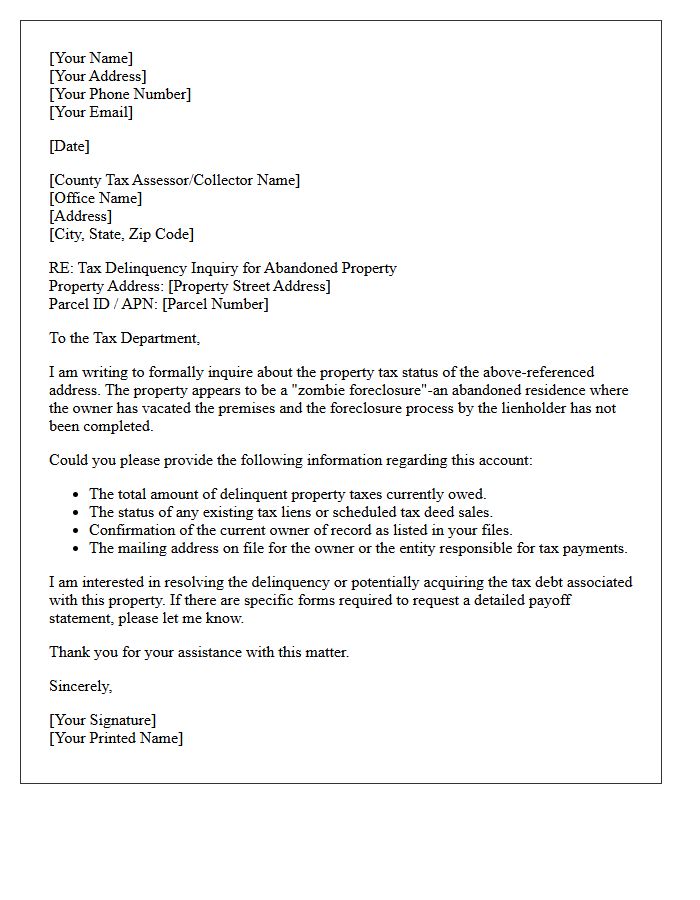 Zombie Foreclosure Tax Delinquency Inquiry Letter