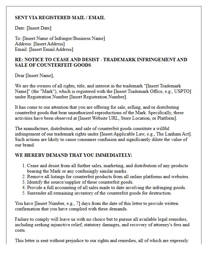 Counterfeit Goods Trademark Infringement Cease and Desist Letter