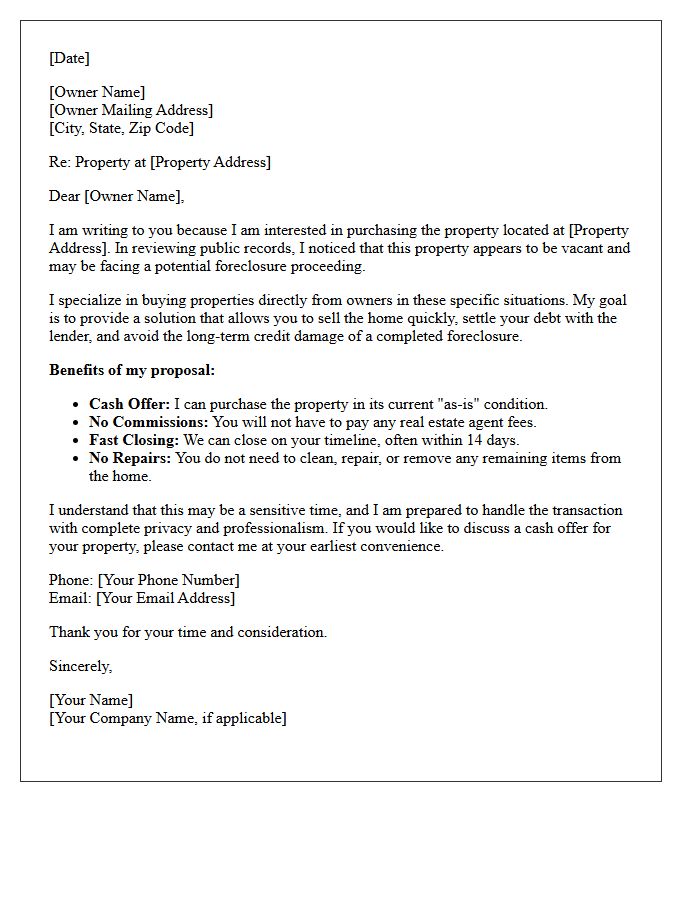 Pre-Foreclosure Vacant Home Purchase Proposal Letter