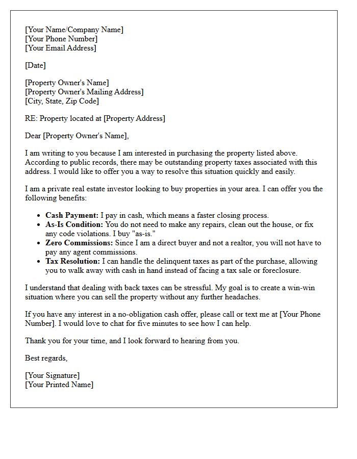 Tax Delinquent As-Is Cash Offer Letter