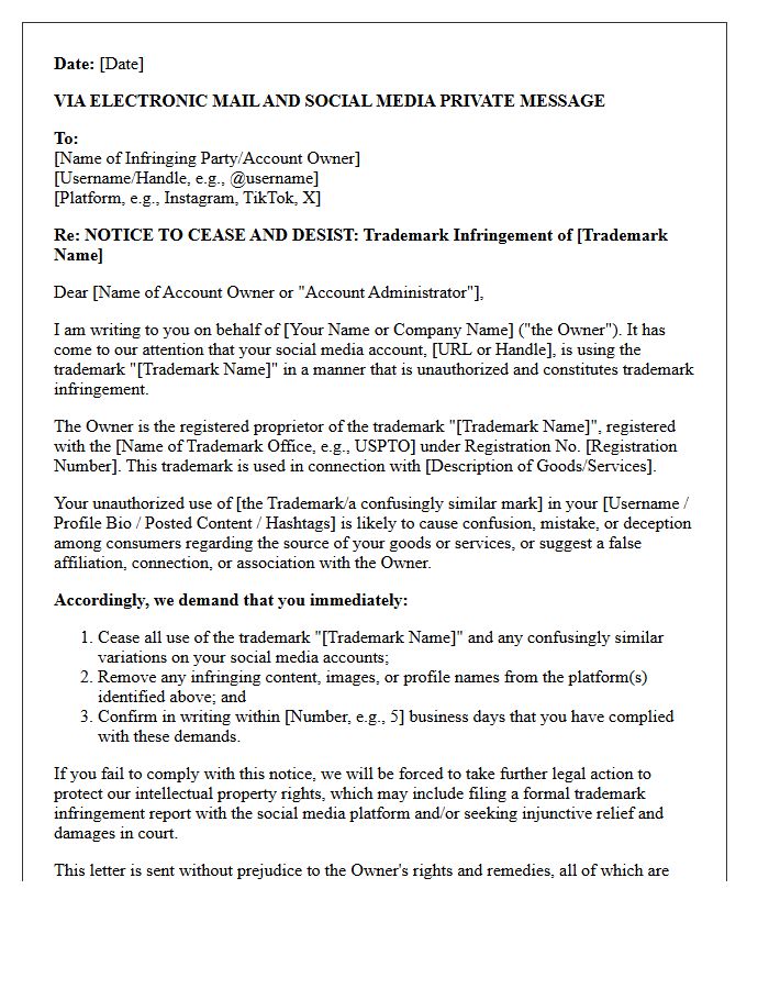 Social Media Trademark Infringement Cease and Desist Letter