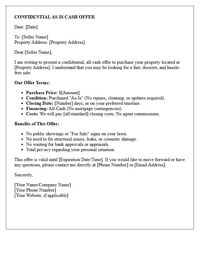 Confidential As-Is Cash Offer Letter for Distressed Sellers