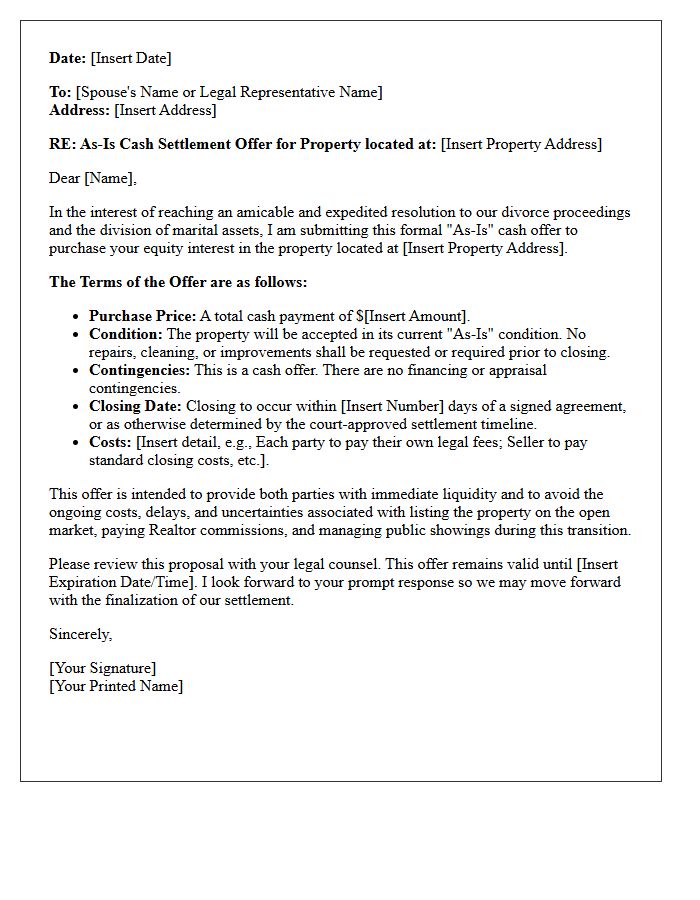 Divorce Settlement As-Is Cash Offer Letter