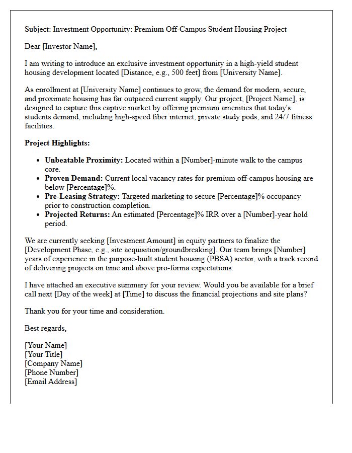 Premium Off-Campus Student Housing Proximity Investor Pitch Letter