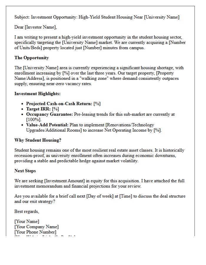 High-Yield University Proximity Student Housing Investor Pitch Letter