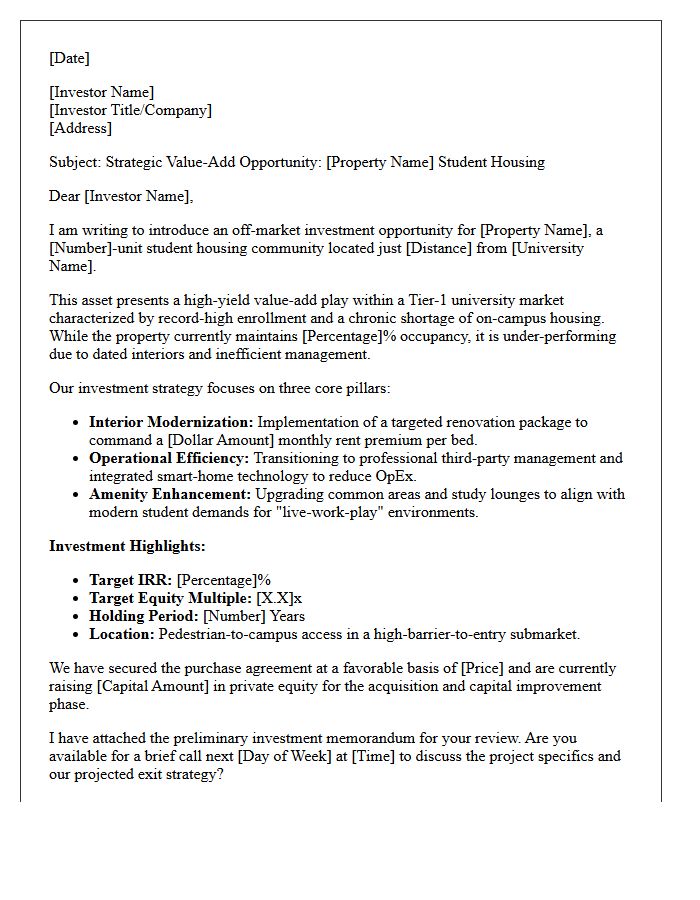 Value-Add Campus Proximity Student Housing Investor Pitch Letter