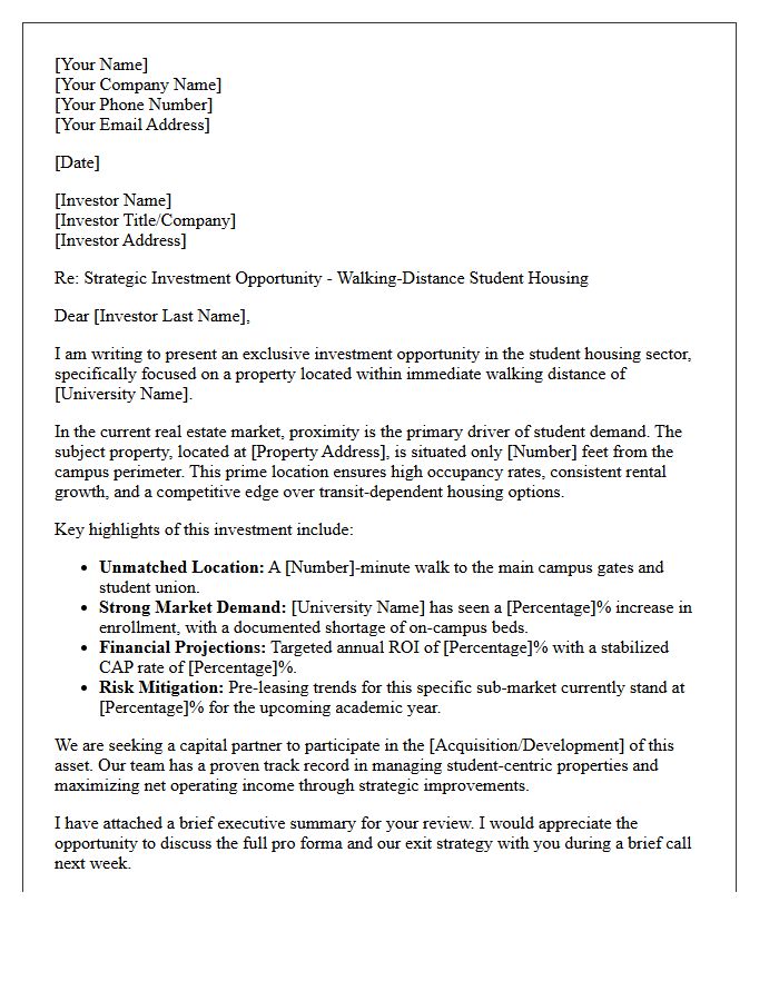 Walking-Distance Student Housing Proximity Investor Pitch Letter