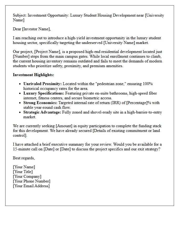 Luxury Student Housing Proximity Investor Pitch Letter