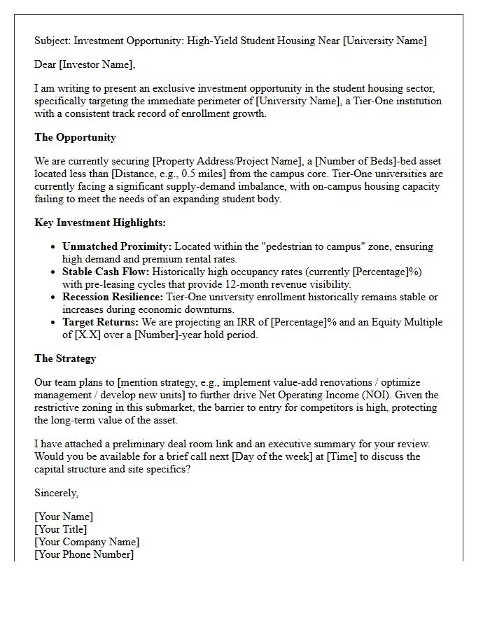 Tier-One University Student Housing Proximity Investor Pitch Letter