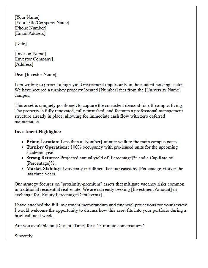 Turnkey Student Housing Proximity Investor Pitch Letter