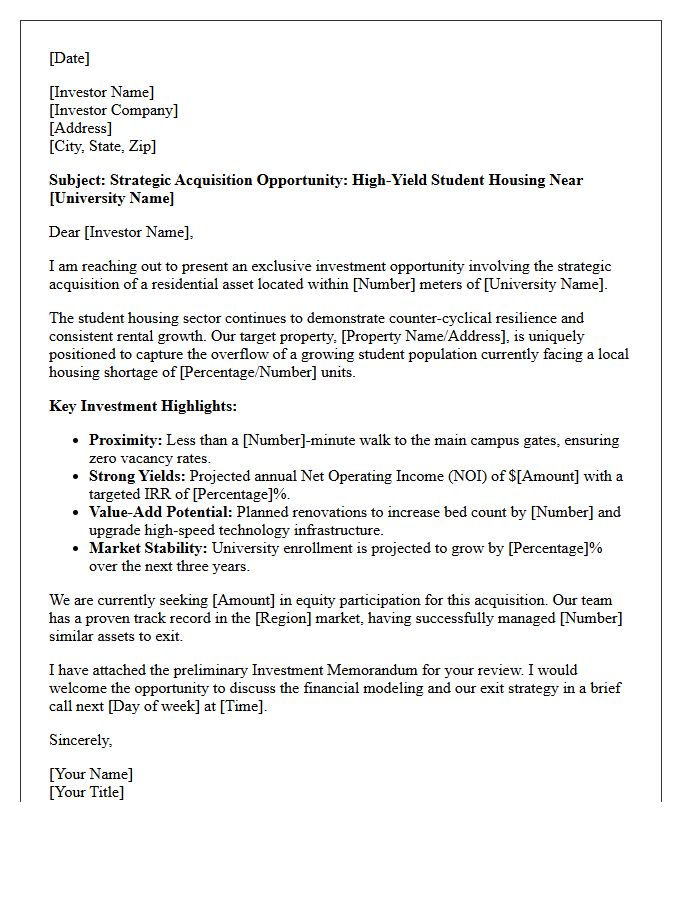 Strategic Acquisition Student Housing Proximity Investor Pitch Letter