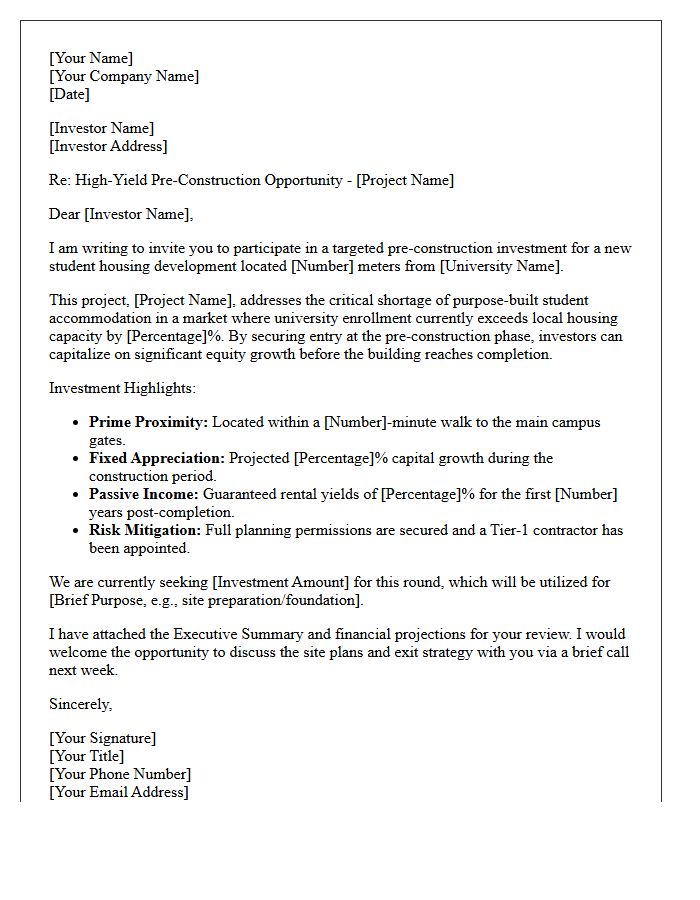 Pre-Construction Student Housing Proximity Investor Pitch Letter